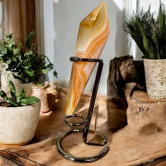 Handmade Other - Natural Polished Carnelian Crystal Wand With Metal Stand